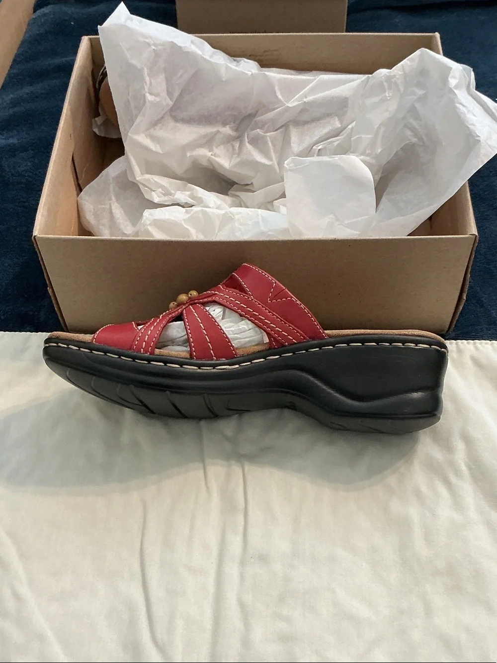 Clarks Red Leather Slide Sandal with Floral Bead Accent